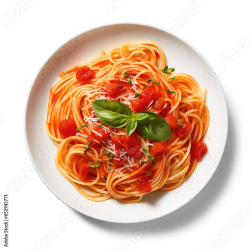 spaghetti with tomato sauce and basil with white background  isolated