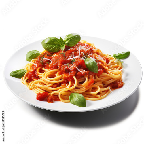 spaghetti with tomato sauce and basil with white background, isolated