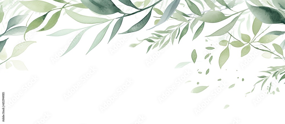Simplistic wedding invitation design with green leaves on white background