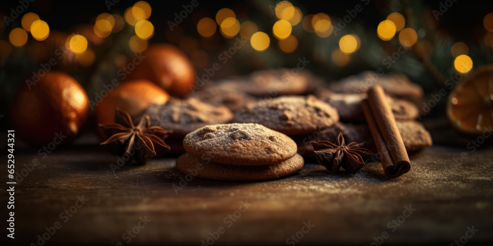 Chocolate chip Cookies and cinnamon. Cookies for Santa Clause. Cozy Christmas or New Year Background Chocolate chip Cookies and cinnamon. Cookies for Santa Clause. Cozy Christmas or New Year Background
