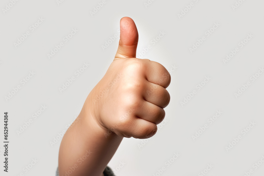 Child hand showing thumb up, like, positive sign. Generative Ai