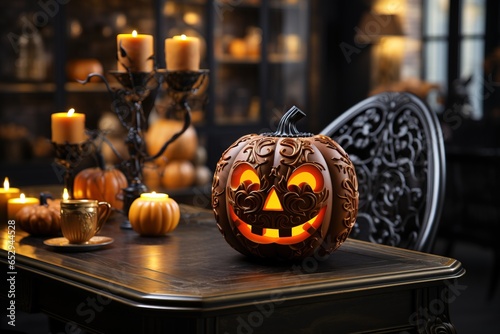 Modern kitchen interior decorated for Halloween, orange pumpkin jack lantern on table. AI generated