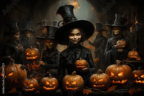 Halloween character, witch in hat on jack lantern background. AI generated