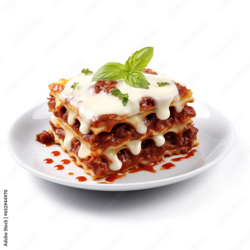 Lasagna with Tomato Sauce on a White Background