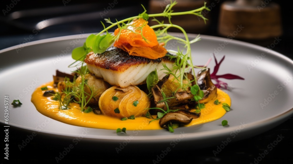 food photography Roasted Danish Skrei cod fish fillet with pumpkin, herb mushroom and salad, copy space, 16:9 food photography Roasted Danish Skrei cod fish fillet with pumpkin, herb mushroom and salad, copy space, 16:9