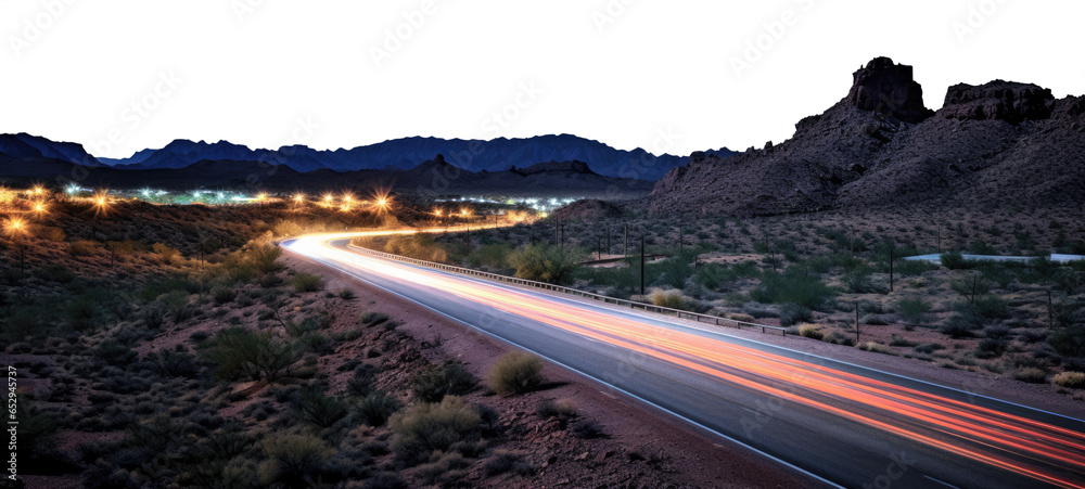 vast desert highway. transparent PNG background. light trails on a old ...