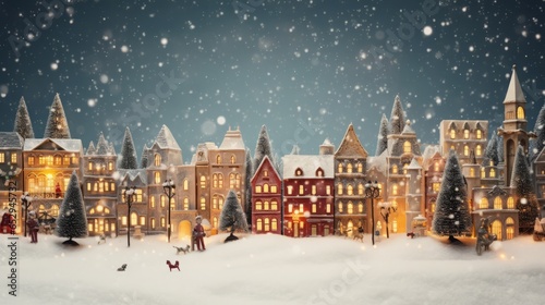 Christmas village with Snow in vintage style, 16:9, copy space