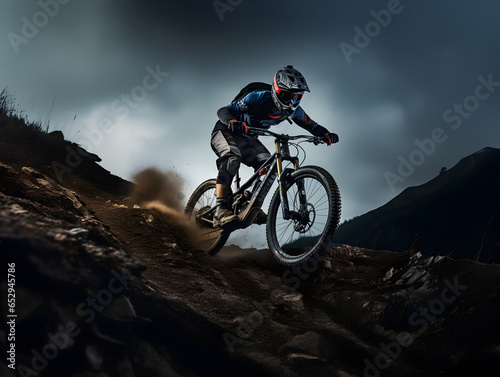 Mountainbiker going fdast downhill with dirt getting blown in the air behind him - exercise, mountain, biking © MadsDonald
