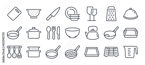 Cookware and tableware editable stroke outline icons set isolated on white background flat vector illustration. Pixel perfect. 64 x 64.