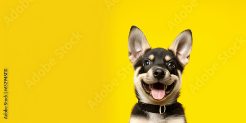 Happy puppy dog smiling on isolated yellow background.generative ai