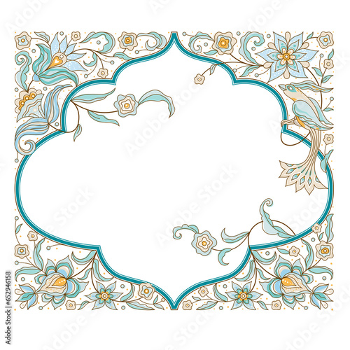 Floral frame, vignette, border, card design template. Elements in Eastern style. Floral borders, premade card. Arabic ornament. Flower ornaments. Ornamental decoration