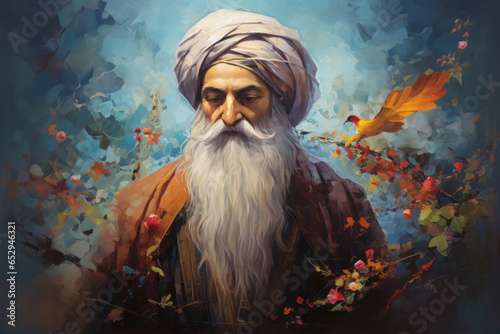 Iranian-style painting of the face of Mawlana Jalal al-Din Muhammad known as Rumi.