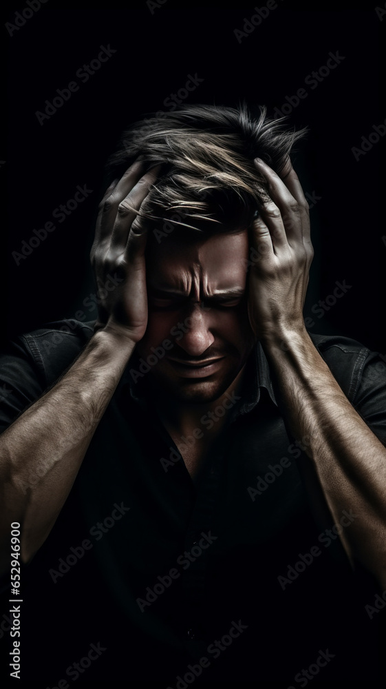 imagine a man in holding his head on dark background generative ai imagine a man in holding his head on dark background generative ai