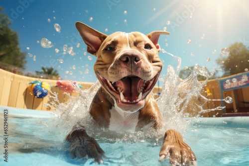 A brown and white dog having fun splashing water in a pool. Perfect for summer-themed designs and advertisements.