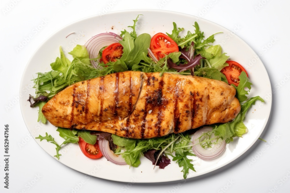 A white plate with a delicious assortment of meat and vegetables. Perfect for food blogs, restaurant menus, and healthy eating articles. A white plate with a delicious assortment of meat and vegetables. Perfect for food blogs, restaurant menus, and healthy eating articles.