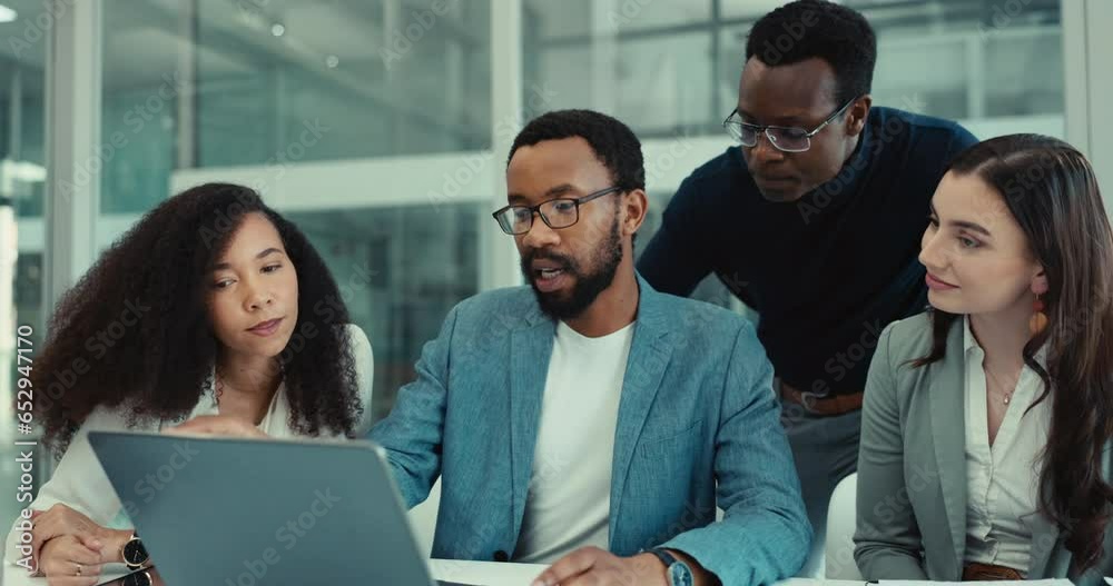 Business people, collaboration and manager on laptop for financial meeting, teamwork and group presentation in office. Professional women, men and leader on computer for planning for sales or revenue