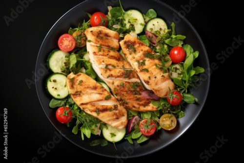 A black plate filled with a delicious combination of chicken and fresh vegetables. Perfect for a healthy and satisfying meal.