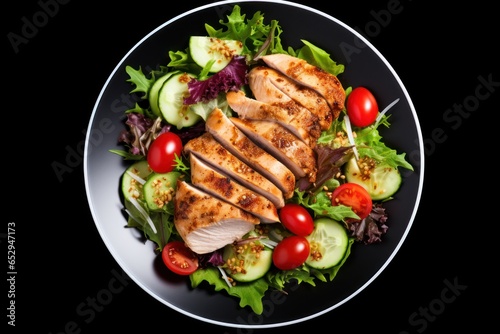 A delicious salad and tender chicken served on a black plate. Perfect for a healthy meal or restaurant menu.
