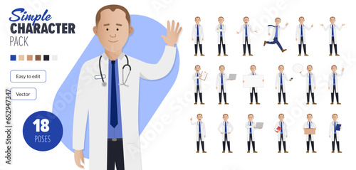 Simple flat male doctor man vector character in a set of multiple poses. Easy to edit and isolated on a white background. Modern trendy style character mega pack with lots of poses. 