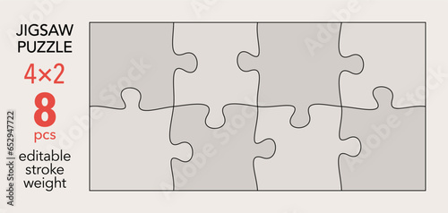 Empty jigsaw puzzle grid template, 4x2 shapes, 8 pieces. Separate matching irregularly elements. Flat vector illustration layout, every piece is a single shape.