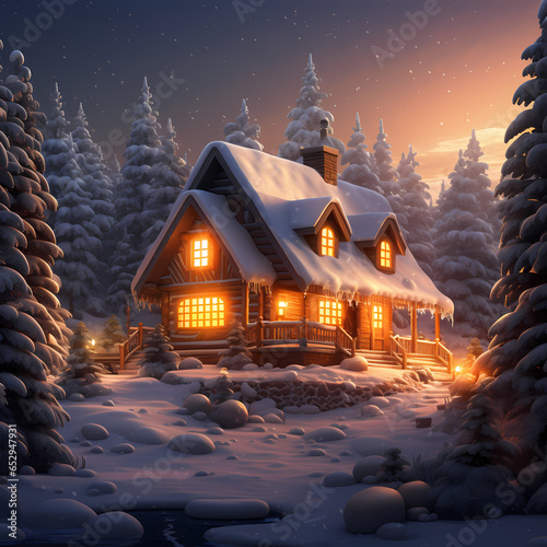 cabin surrounded by a snowy forest ai generated art © Anurag
