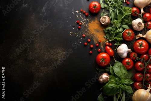 A variety of different types of vegetables are displayed on a black table. This image can be used for food, healthy eating, cooking, recipes, and nutrition-related content.
