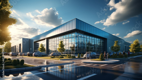 Industrial hangar. Warehouse building exterior. Industrial building under blue sky.generative ai photo