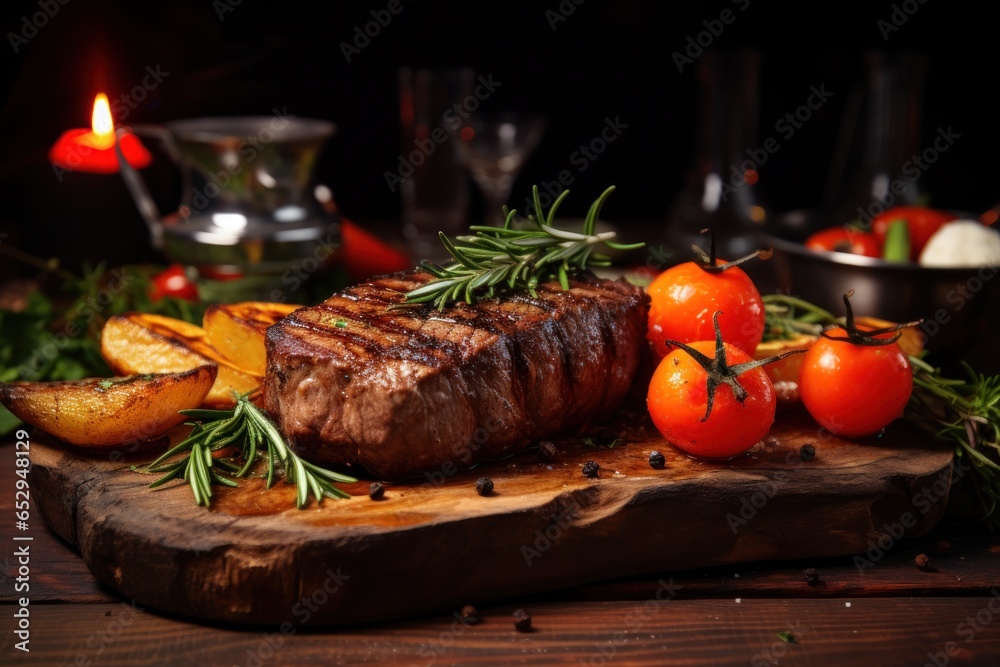 A deliciously cooked steak served on a cutting board, garnished with juicy tomatoes and fragrant herbs. Perfect for food enthusiasts or restaurant promotions. A deliciously cooked steak served on a cutting board, garnished with juicy tomatoes and fragrant herbs. Perfect for food enthusiasts or restaurant promotions.