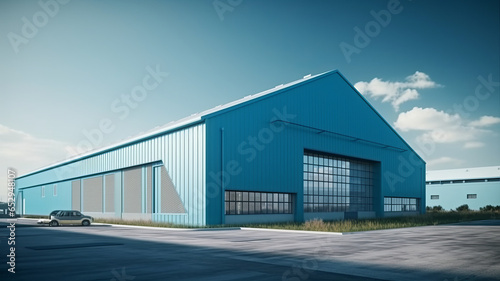 Industrial hangar. Warehouse building exterior. Industrial building under blue sky.generative ai © LomaPari2021