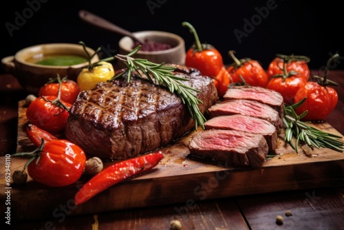 A delicious steak, beautifully presented on a cutting board, accompanied by fresh tomatoes and peppers. This image is perfect for food blogs, restaurant menus, and cooking websites.