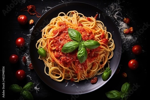 A delicious plate of spaghetti with a rich tomato sauce topped with fresh basil. Perfect for Italian cuisine or food-related projects.