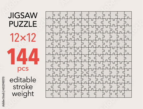 Empty jigsaw puzzle grid template, 12x12 shapes, 144 pieces. Separate matching irregularly elements. Flat vector illustration layout, every piece is a single shape.