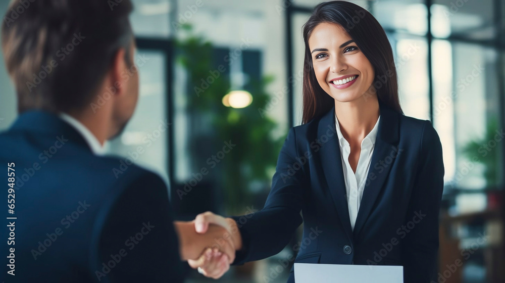 copy space, stockphoto, Happy mid aged business woman manager handshaking at office meeting. Smiling female hr hiring recruit at job interview, bank or insurance agent, lawyer making contract deal wit - obrazy, fototapety, plakaty 