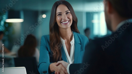 copy space, stockphoto, Happy mid aged business woman manager handshaking at office meeting. Smiling female hr hiring recruit at job interview, bank or insurance agent, lawyer making contract deal wit