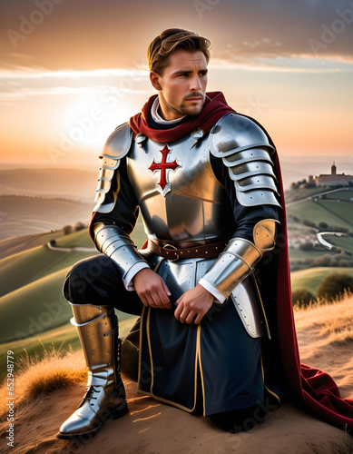 a crusader on his knees on a hill at sunrise.  generative ai