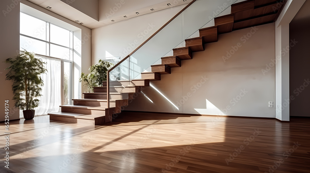 Obraz premium Minimalist Home Decor: Wooden Stairs in a Bright White Interior