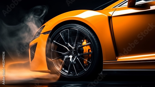 Orange super sport car from side with detail on drifting wheel, smoking and doing burnouts.generative ai