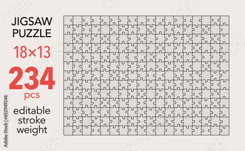 Empty jigsaw puzzle grid template, 18x13 shapes, 234 pieces. Separate matching irregularly elements. Flat vector illustration layout, every piece is a single shape.