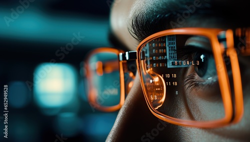 Cybersecurity Concept, Close-up of Futuristic Orange-Tinted Glasses with Glowing Computer Screen Tech Reflection