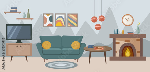 Living room interior with sofa, paintings, coffee table, fireplace, TV. Living room. Home furniture. Vector illustration in flat style.