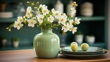 Fragment of modern classic green kitchen. Plates and vase with flowering branch in the foreground. Shelves with crockery in the background. Close-up. Contemporary home design. 3D rendering.