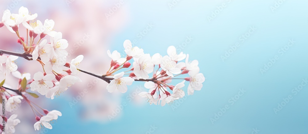 Macro close up of delicate artistic white flowers on a soft blue and pink background creating a floral spring summer border with an airy and spacious feel Macro close up of delicate artistic white flowers on a soft blue and pink background creating a floral spring summer border with an airy and spacious feel