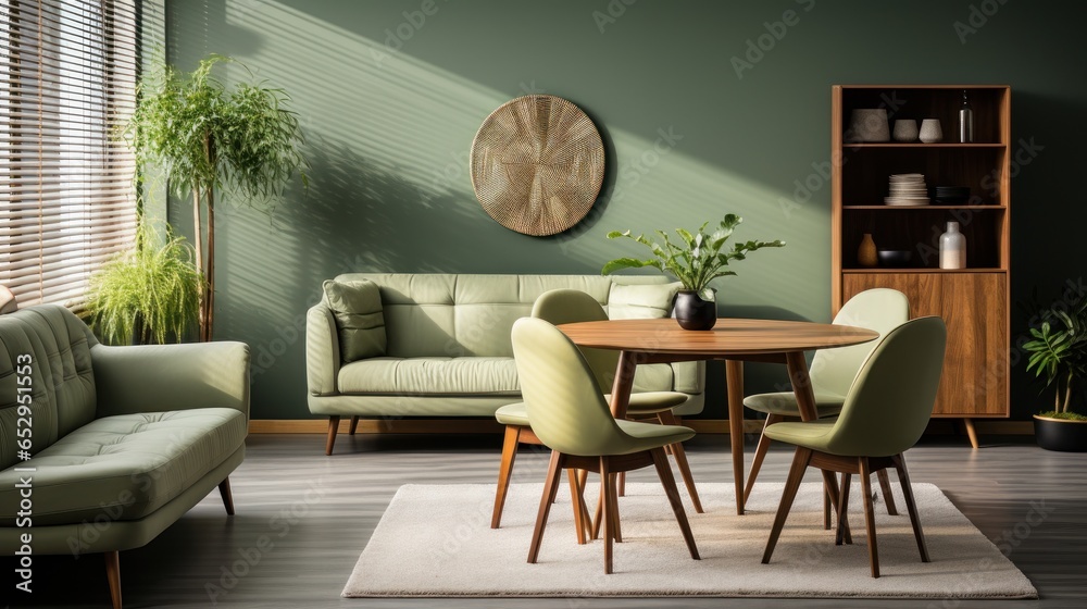 Interior of modern cozy scandi living room in green tones. Stylish sofas, round dining table with chairs, sideboard, houseplants. Contemporary home design. 3D rendering.
