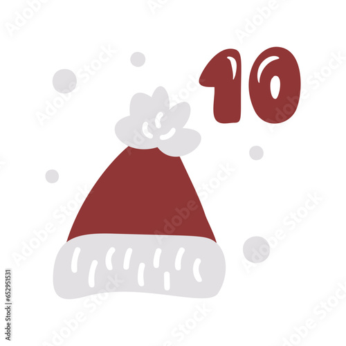 Christmas advent calendar with hand drawn red Santa hat. Day ten 10. Scandinavian style poster. Cute winter illustration for card, poster, kid room decor, nursery art