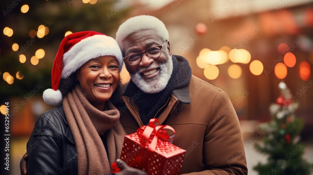 A couple of retired African-American elderly people on the eve of Christmas or New Year's holiday hold gifts in their hands and give them on the street in the evening bokeh A couple of retired African-American elderly people on the eve of Christmas or New Year's holiday hold gifts in their hands and give them on the street in the evening bokeh
