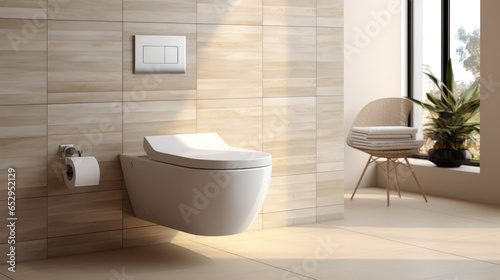 Modern luxury toilet granite tile floor in sunlight on beige wall 