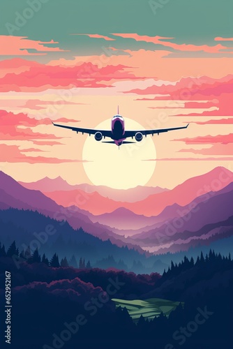 Travel retro style poster with airplane flying over river and mountains at sunset 