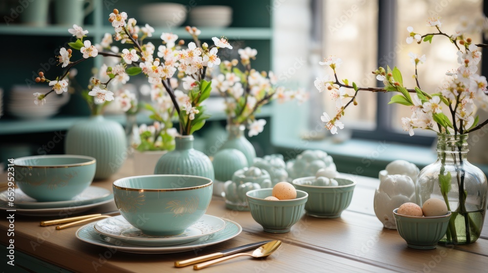 Fragment of modern classic kitchen with table setting on wooden table. Plates and bowls, vases with flowering branches, decor. Close-up, blurry background. Contemporary home design. 3D rendering. Fragment of modern classic kitchen with table setting on wooden table. Plates and bowls, vases with flowering branches, decor. Close-up, blurry background. Contemporary home design. 3D rendering.