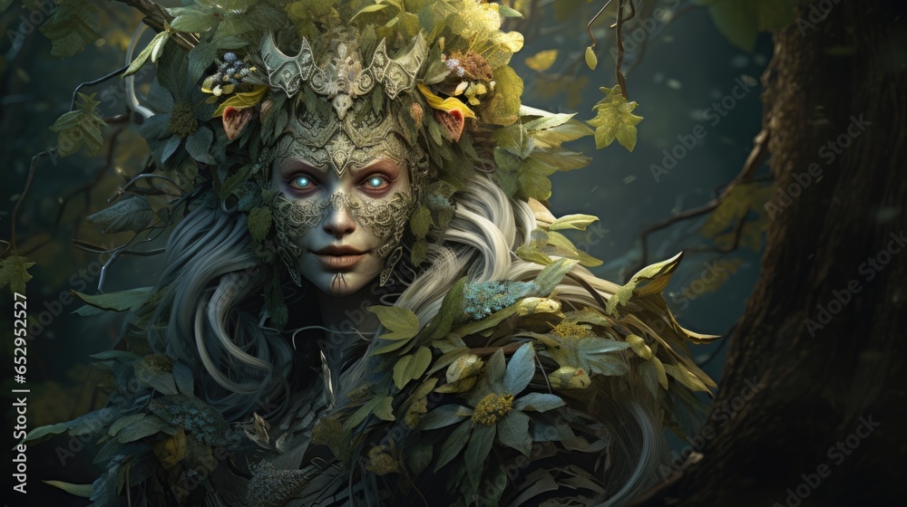 A woman with a wreath of leaves on her head