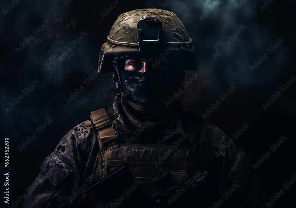 Army soldier in Combat Uniforms with assault rifle, plate carrier and combat helmet are on, Shemagh Kufiya scarf on his neck. Studio shot, dark background